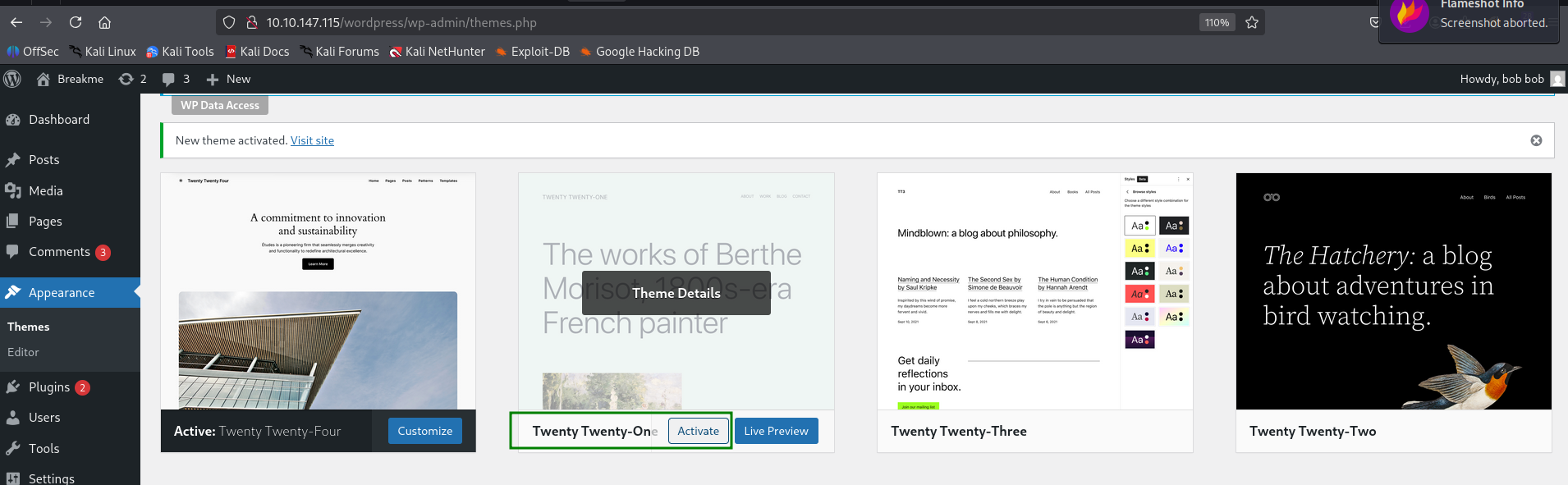 changing to theme Twenty Twenty-One